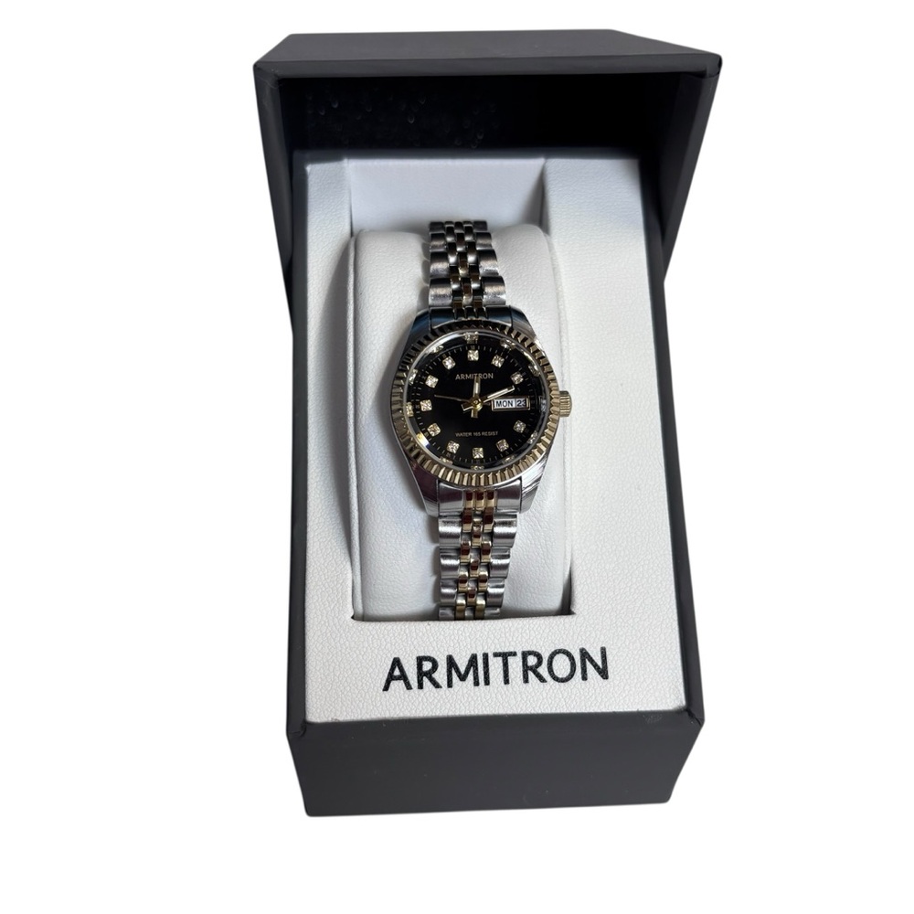 Women’s Armitron Two-Tone Watch Black Dial Diamond Accents Day/Date NWT